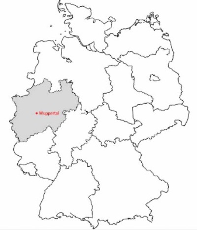 Bild einer Deutschlandkarte mit der Markierung von Wuppertal in NRW